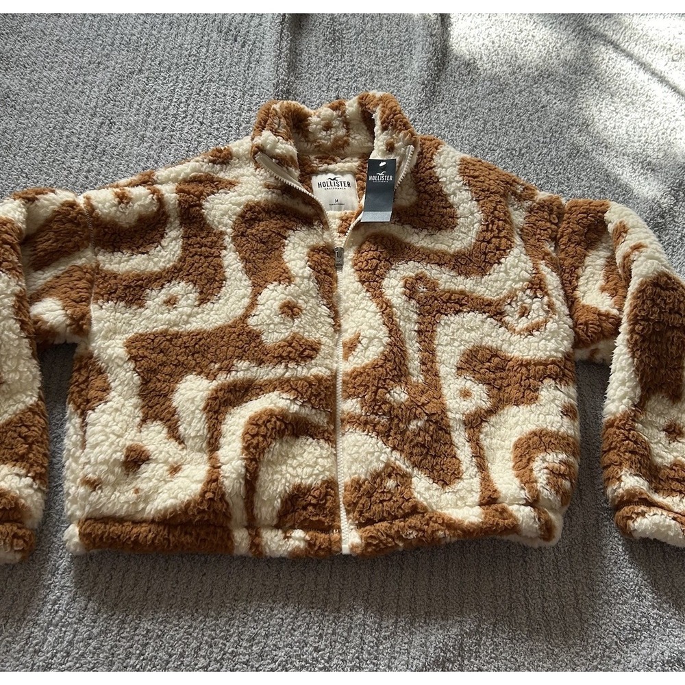 Hollister Sherpa Zip Jacket Swirl Marble Ivory Brown Medium Gorpcore Retro Indie